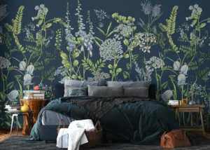 Wall Mural Vetch Flowers on Prussian Blue, Premium Non-woven Wallpaper, 375 x 270 cm, FT5P 352407