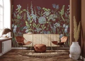 Wall Mural Vetch Flowers on Burgundy Red, Premium Non-woven Wallpaper, 375 x 270 cm, FT5P 352409
