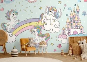Wall Mural Blue Unicorns in the Sky, Premium Non-woven Wallpaper, 375 x 270 cm, FTD5P 352025