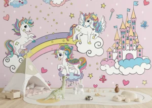 Wall Mural Pink Unicorns in the Sky, Premium Non-woven Wallpaper, 375 x 270 cm, FTD5P 352037