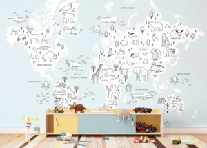 Dětská fototapeta Černobílá Zvířecí Mapa Světa | Vliesová fototapeta na zed' | 375 x 270 cm | FTD5P 352441 - Obrázek 3