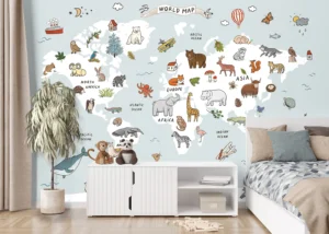 Wall Mural White & Blue Animals World Map Doodle, Premium Non-woven Wallpaper, 375 x 270 cm, FTD5P 352447