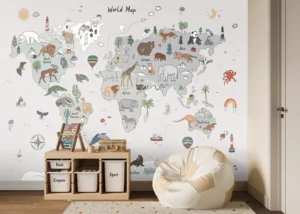 Wall Mural Grey Animals World Map Doodle, Premium Non-woven Wallpaper, 375 x 270 cm, FTD5P 352449