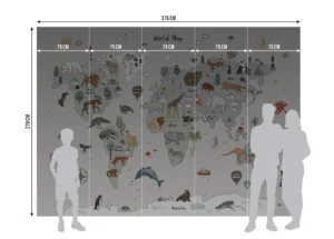 Wall Mural Grey Animals World Map Doodle, Premium Non-woven Wallpaper, 375 x 270 cm, FTD5P 352449 - Image 6