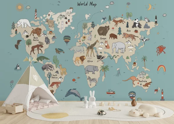 Wall Mural Beige & Blue Animals World Map Doodle | Premium Non-Woven Wallpaper | 375 x 270 cm | FTD5P352453